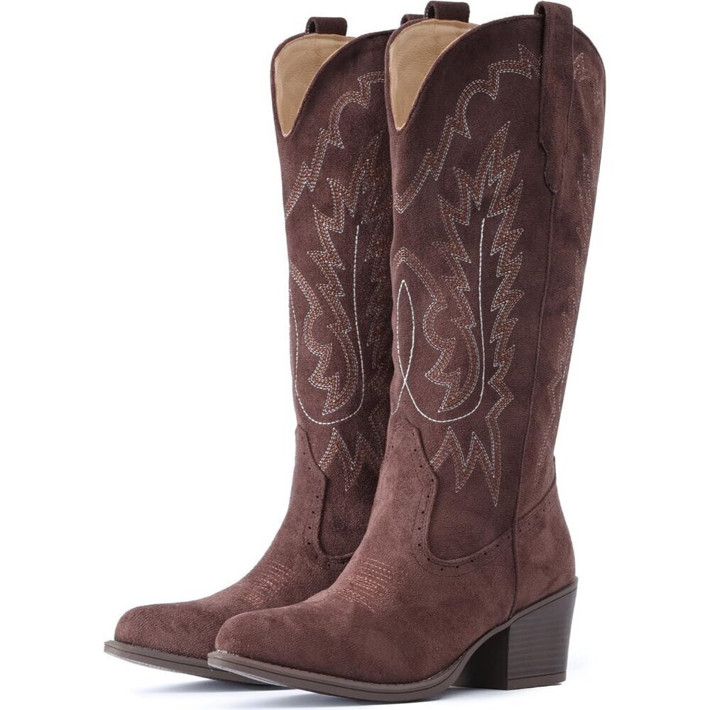 Women Coffee Chunky Heel Pointed Toe Cowgirl Mid Calf Embroidery Western Boots